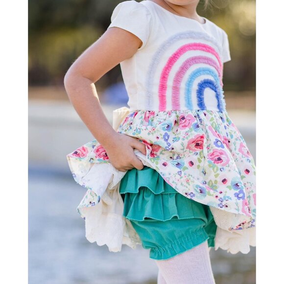 Sz 8 and 10 Girl August Boho Floral Rainbow dress and shorts NWT - Picture 3 of 13